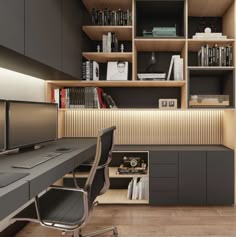 a computer desk sitting in front of a bookshelf