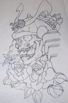 a drawing of a skull and roses on paper