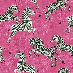 a group of zebras that are in the middle of a pink background with black and white dots