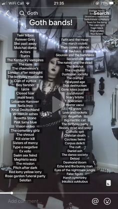 an image of goth band names on a cell phone screen with the caption goth bands