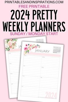 the free printable 2021 pretty weekly planner is shown in pink and white with flowers on it