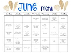 the june menu is shown in blue and white