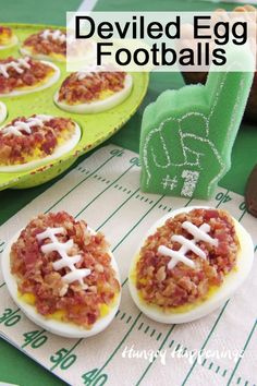 deviled egg footballs are sitting on a table