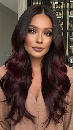 Rich Fall Hair Colors: Dark Burgundy Balayage 🍷 Dark Brown Burgundy Balayage, Wine Colored Hair Balayage, Burgundy Hair With Dark Roots, Deep Burgundy Balayage, Dark Burgundy Hair Balayage, Cherry Red Balayage On Black Hair, Dark Cherry Black Hair, Dark Roots Burgundy Hair, Dark Burgundy