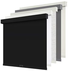 three black and white roller shades are hanging on the side of a wall, one in front of the other