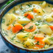 a blue bowl filled with potatoes and carrots