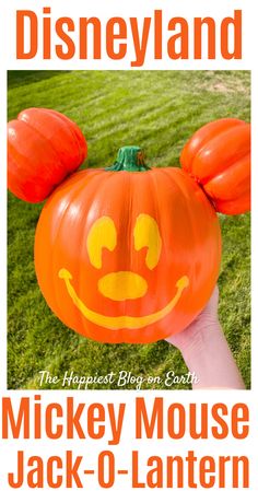 the mickey mouse pumpkin is being held up by someone's hand in front of them