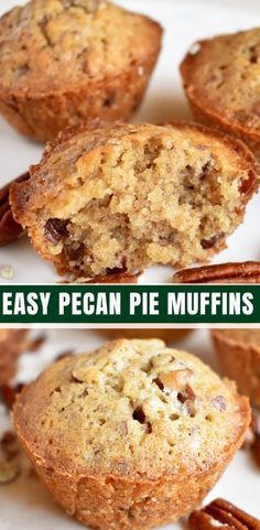 pecan pie muffins on a plate with the words pecan pie muffins above them