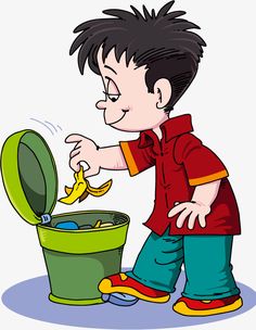 a young boy is playing with his banana peels in the trash can clipart