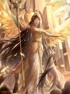 a woman dressed as an angel holding a staff in front of a building with gold wings