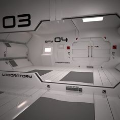 a futuristic white room with black and red numbers on the walls, and flooring