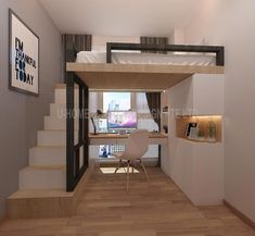 a loft bed sitting above a wooden floor next to a white desk and chair on top of a hard wood floor