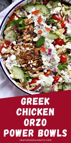 greek chicken power bowls with cucumbers, tomatoes, onions and feta cheese