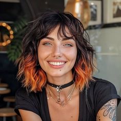 Subtle Funky Hair Color, Shaggy Highlights, Messy Mullet Women, Medium Length Vivid Hair, Brown Hair With Orange Streaks, Two Toned Hair Styles, Short Hairstyle Women Colored Hair, Shaggy Copper Hair, Orange Dip Dye Hair