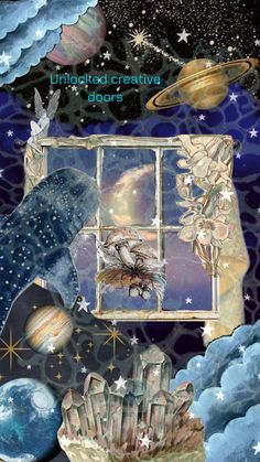 an image of a window with stars and planets in the background, as well as other objects