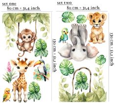 two wall decals with different animals and plants on them, one has a giraffe, the other is a monkey