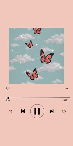 an image of some pink butterflies flying in the sky with music player buttons below it