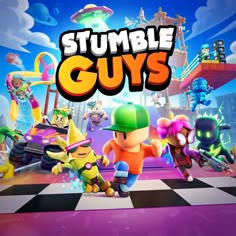 the title for stumble guys is shown in front of an image of various cartoon characters