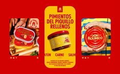 an advertisement for pimentos del pigelloo reliencos on the side of a red wall