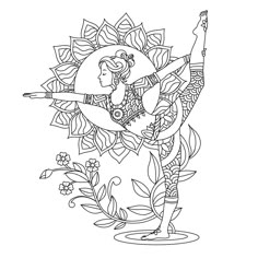 a coloring page with an image of a woman in the center and flowers around her