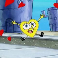 spongebob running down the street with his arms in the air and hearts flying around him