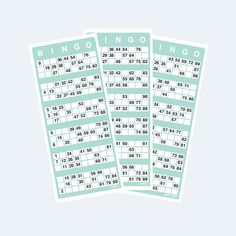 three mint green and white printable numbers for the bingo game on a light blue background