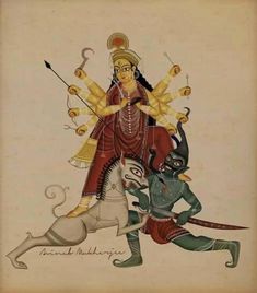 Durga Kalighat Painting, Ma Durga Painting, Hindu Illustration, Hindu Tattoo, Bengali Art, Indian Illustration, God Artwork