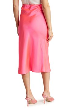 Elevate your wardrobe with this pull-on bias satin midi skirt for elegant, feminine style. 31" length (size S) Elasticized waist Pull-on style Satin construction 97% polyester, 3% spandex Machine wash cold, line dry Made in USA Model’s stats for sizing: 5’10” height, 34” bust, 27” waist, 35” hips. Model is wearing size S. Satin Midi Skirt, Scalloped Trim, Satin Skirt, Skirt Design, Luxury Streetwear, Feminine Style, Neon Pink, Nordstrom Rack, One Shoulder Dress