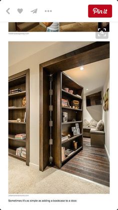 an open bookcase in the corner of a room with carpeted floor and walls