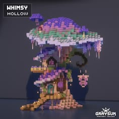 an image of a tree house made out of lego blocks with purple flowers on it