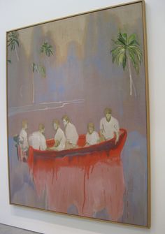 an oil painting of people in a boat on the water with palm trees behind them