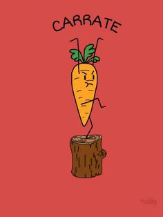 a cartoon carrot with the words'caritate'written on it, sitting on top of a tree stump