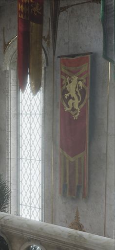 the interior of a church with stained glass windows and flags hanging on the wall behind it