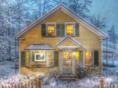 a painting of a yellow house in the snow