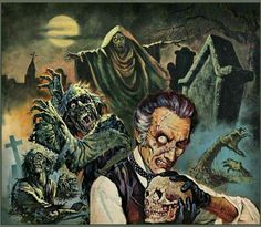 an old man holding a skull in front of some creepy monsters and tombstones on the ground