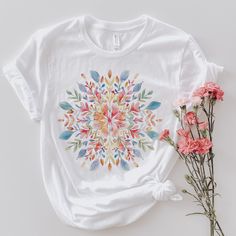 Mandala Shirt, Floral Mandala T-Shirt, Spring Floral Shirt, Gifts for Her, Flower Shirt, Florist Gift, Gift for Bestie WELCOME TO THE FLOWERED MERCANTILE If you're looking for eye-catching items from quality t-shirts to tea towels with a touch of uniqueness, you've come to the perfect destination. Please take time to read descriptions and shop policies HOW TO ORDER:  To ensure a seamless delivery of your order, kindly double-check your preferred color and size before proceeding. Our collection o Bohemian Multicolor Print Short Sleeve T-shirt, Spring Multicolor Sublimation Print T-shirt, Spring Multicolor Print Cotton T-shirt, Spring Multicolor Cotton T-shirt, White Bohemian Cotton T-shirt, Multicolor Floral Print Crew Neck T-shirt, Multicolor Custom Print Cotton Shirt, Multicolor Cotton Shirt With Custom Print, Cotton T-shirt With White Print