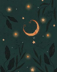 an illustration of a crescent moon and stars in the night sky, with leaves surrounding it