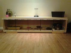 a cat sitting in a cage on top of a wooden floor next to a wall