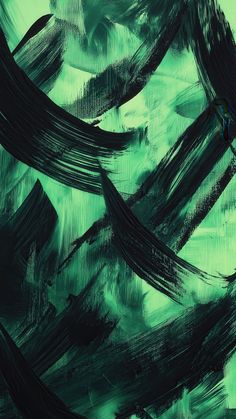 an abstract painting with black and green colors