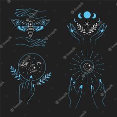 four different types of symbols with hands and stars in the middle, on a black background