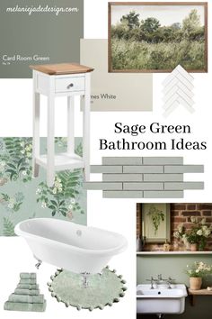 sage green bathroom design board with text overlaying the image and below it is a white claw foot bathtub