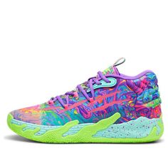 a pair of colorful sneakers with neon laces on the outs and upper part of the shoe