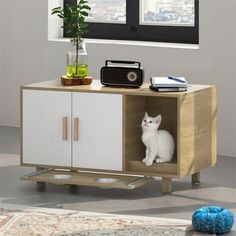 Cat litter box enclosure Hidden Cat Litter, Food Bowls, Cat Food Bowl, Modern Cat