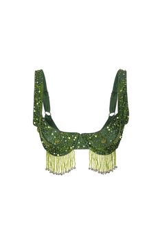 EDEN TASSLE SHIMMY BRA - GREEN Beaded Bra, Bead Bra, Green Bra, Mermaid Bra, Sparkle Shorts, Festival Clothes, Wild Camp, Green Bras, Green And Silver