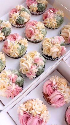 many cupcakes are decorated with flowers and pearls