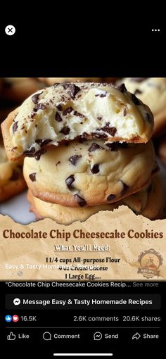 an advertisement for chocolate chip cheesecake cookies on the app store's facebook page