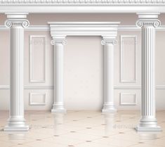 an empty room with columns and tile flooring - 3docn renderer image