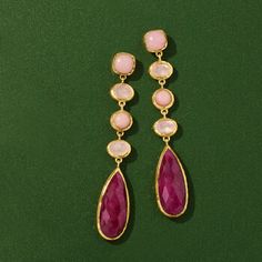 Ross-Simons - 30.00ct t. w. Ruby, 2.80ct t. w. Multi-Gemstone Drop Earrings Over Sterling. Hello, blush monochrome! These glamorous drop earrings present multi-shaped pink and red gemstones including 8mm square and 6mm round pink opal cabochons and 2.80 ct. t. w. rose quartz ovals. The grand finale? Gorgeous 30.00 ct. t. w. pear-shaped rubies. Crafted in 18kt yellow gold over sterling silver with textured and polished finishes. Hanging length is 2 5/8". Post/clutch, multi-gemstone and ruby drop Gemstone Drop Earrings, Quartz Colors, Opal Color, Natural Gold, Red Gemstones, Jewelry Essentials, Sterling Jewelry, Ruby Jewelry, Pink Opal