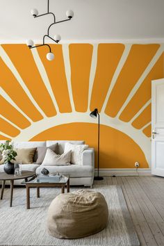 Sunshine Peel And Stick Wallpaper, Abstract Art Aesthetic, Orange Painted Walls, Wall Mural Interior, Fake Wallpaper, Space Aesthetics, Teenager Room, Sunshine Wallpaper, Colorful House