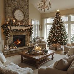 a living room filled with furniture and a fire place covered in christmas decorations next to a fireplace